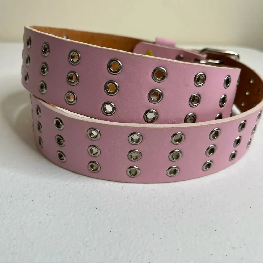 New Pink Leather Belt Silver Buckle Rivets Triple Hole Prong Women Large FLAWS